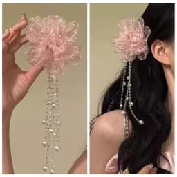 Elegant Pink Gauze Peony Flower Hair Clip Pearls Side Clip Styling Barrettes Hair Accessories Long Tassel Headwear Girls