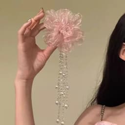 Elegant Pink Gauze Peony Flower Hair Clip Pearls Side Clip Styling Barrettes Hair Accessories Long Tassel Headwear Girls