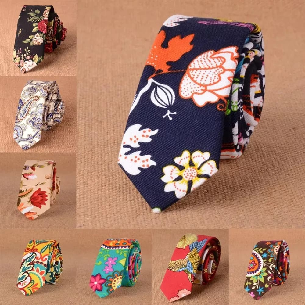 Men's Slim Cotton Linen 5cm Necktie Casual Tropical Skinny Designer Animal Narrow Vintage Floral Ties Wedding Accessories Gift