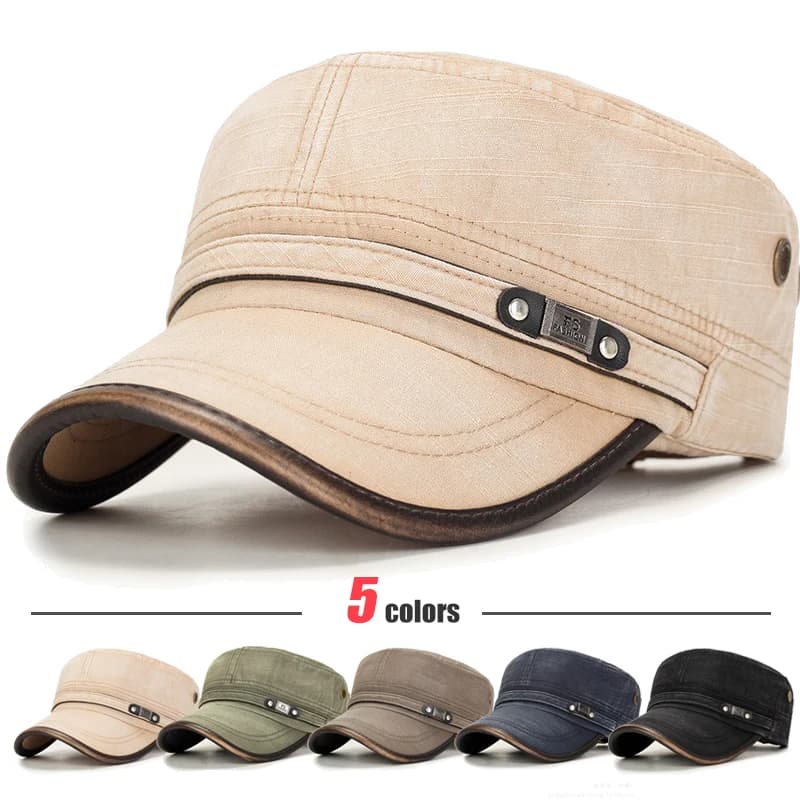 Leather Binding Washed White Distressed Cotton Adjustable Cadet Flat Cap Sun Hat Trucker Caps Dad Hats