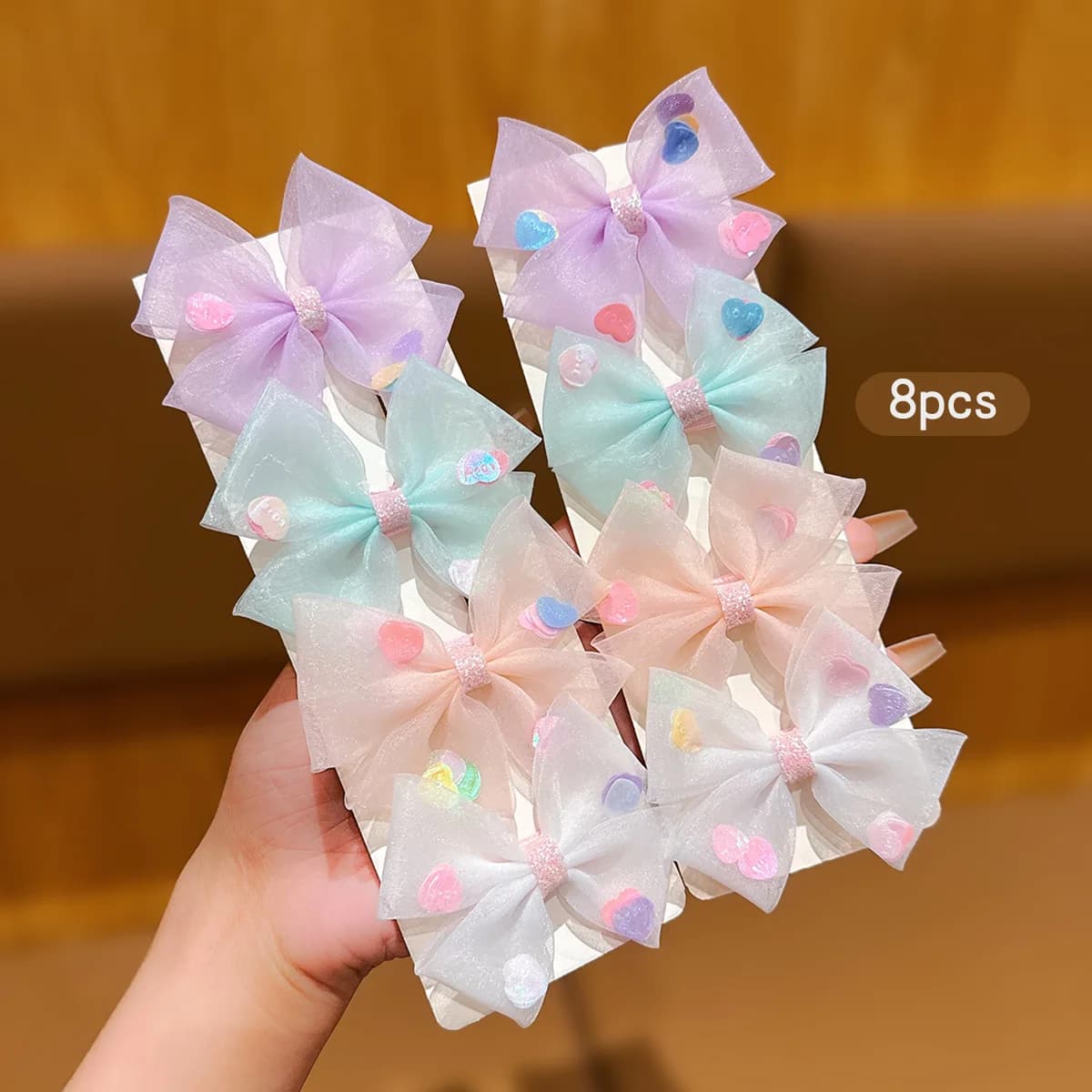 8 colorful heart-shaped bow hair clips, simple hair accessories suitable for daily use as headwear
