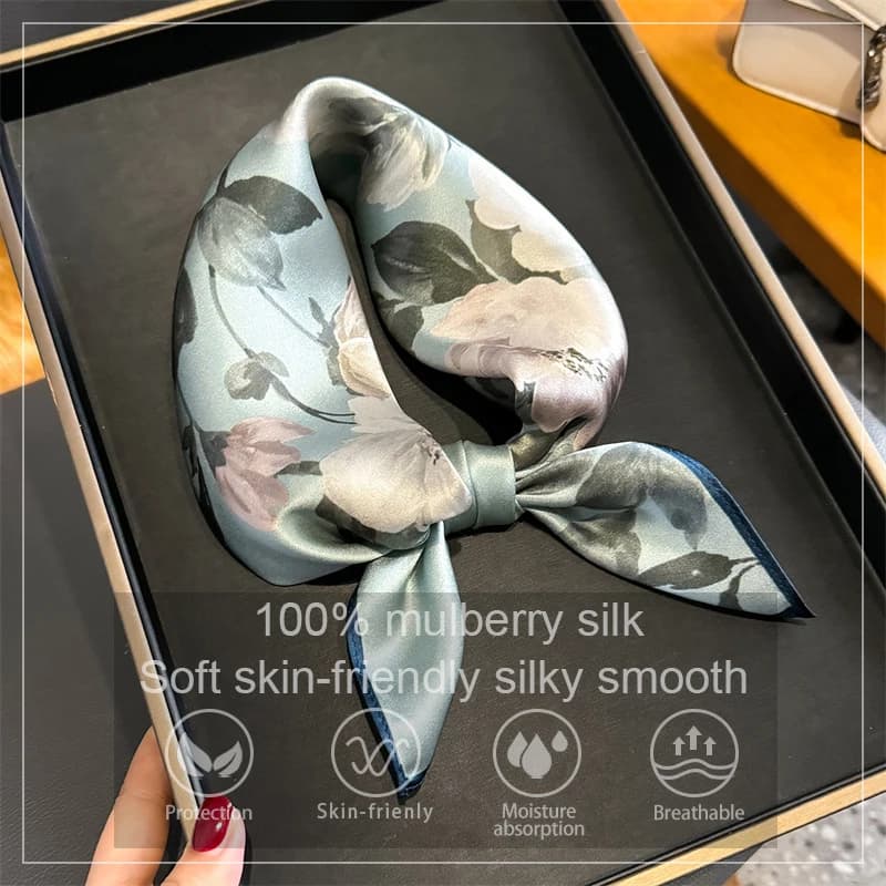 100% Silk Scarf Bandana Women Square Peony Printed Scarves Wrap Kerchief  Mulberry Silk Spring Fashion Luxury Headband Hijab