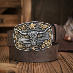 Men - Women - Western Denim - PU Leather - Belt - Vintage Jeans with Floral Carved Buckle Belt