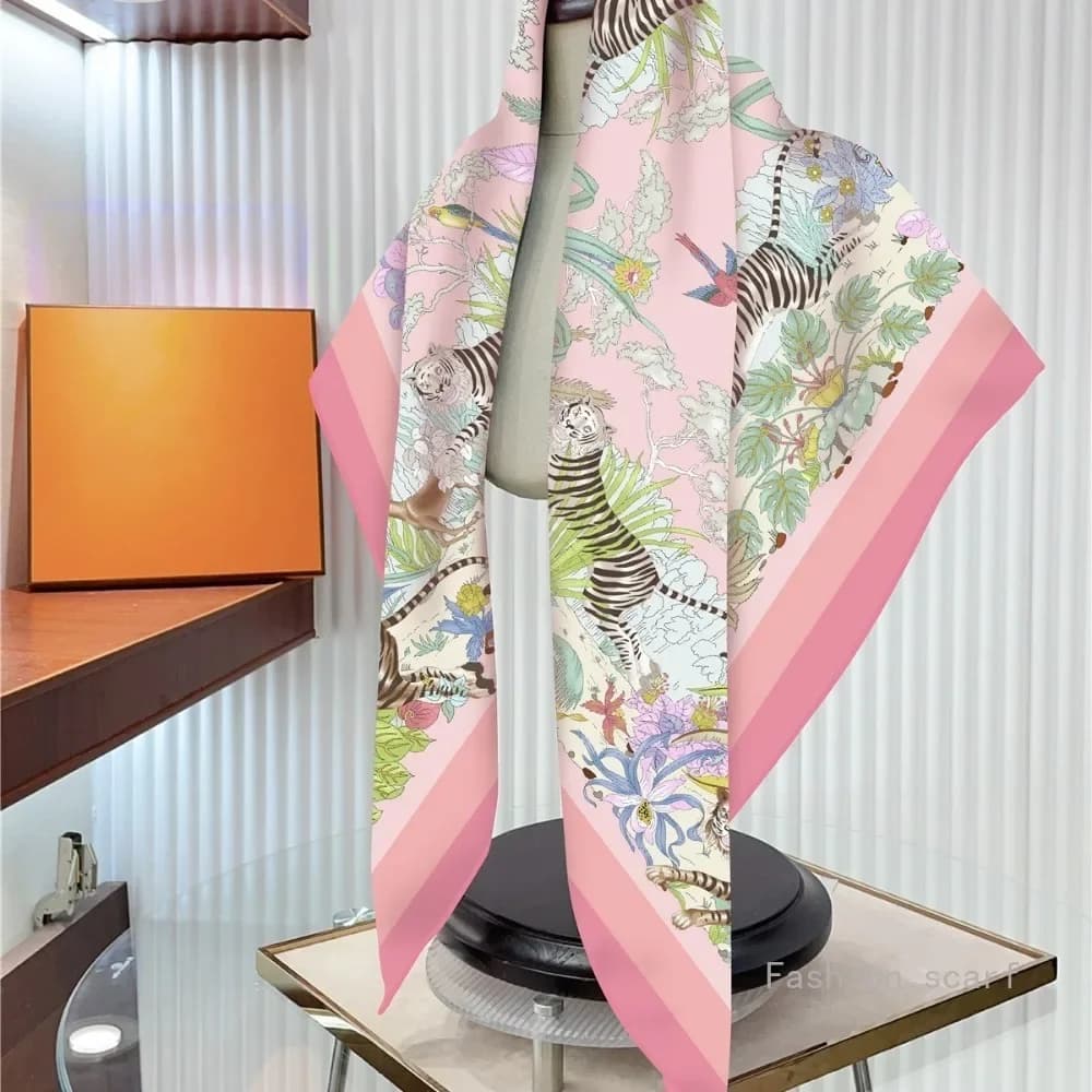 New Flower Designer Scarves Twill Silk Large Square Scarf Women Travel Shawl Headscarf 90cm Luxury Brand Modern Flowers