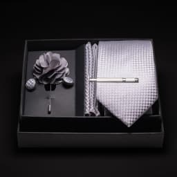 JEMYGINS New Designer Silver Gray Ties For Men Wedding Party Neck Tie Pocket Square Cufflink Pin Gift Box Set Gravat Accessories