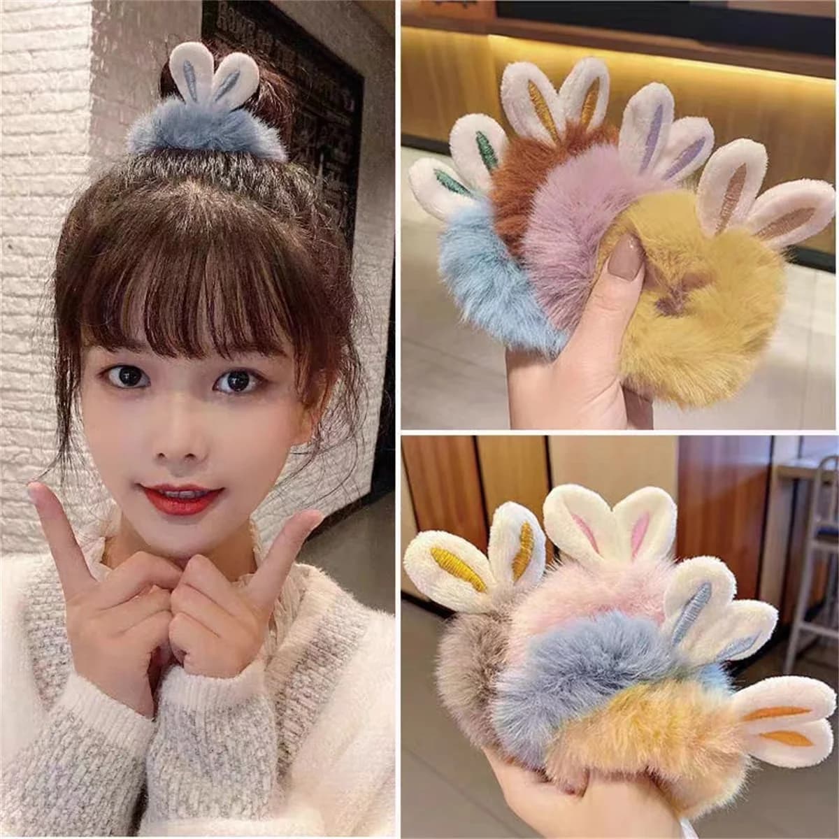4Pcs Cute Plush Rabbit Ears Scrunchies Hair Ties Fluffy Ponytail Holder Hair Elastics Scrunchy Spiral Hair Ring Hair Accessory