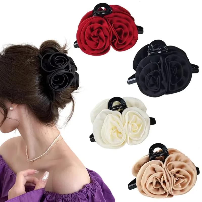 French Big Double Rose Flower Hair Claw Clips for Women Girls Vintage Satin Solid Fabric Handmade Shark Hairgrip Accessories New