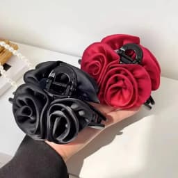 French Big Double Rose Flower Hair Claw Clips for Women Girls Vintage Satin Solid Fabric Handmade Shark Hairgrip Accessories New