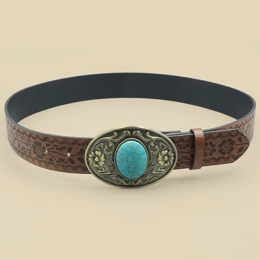 Elegant Vintage Royal Women's Belt - Floral Design with Blue Turquoise Buckle, Perfect for Daily Commute & Travel