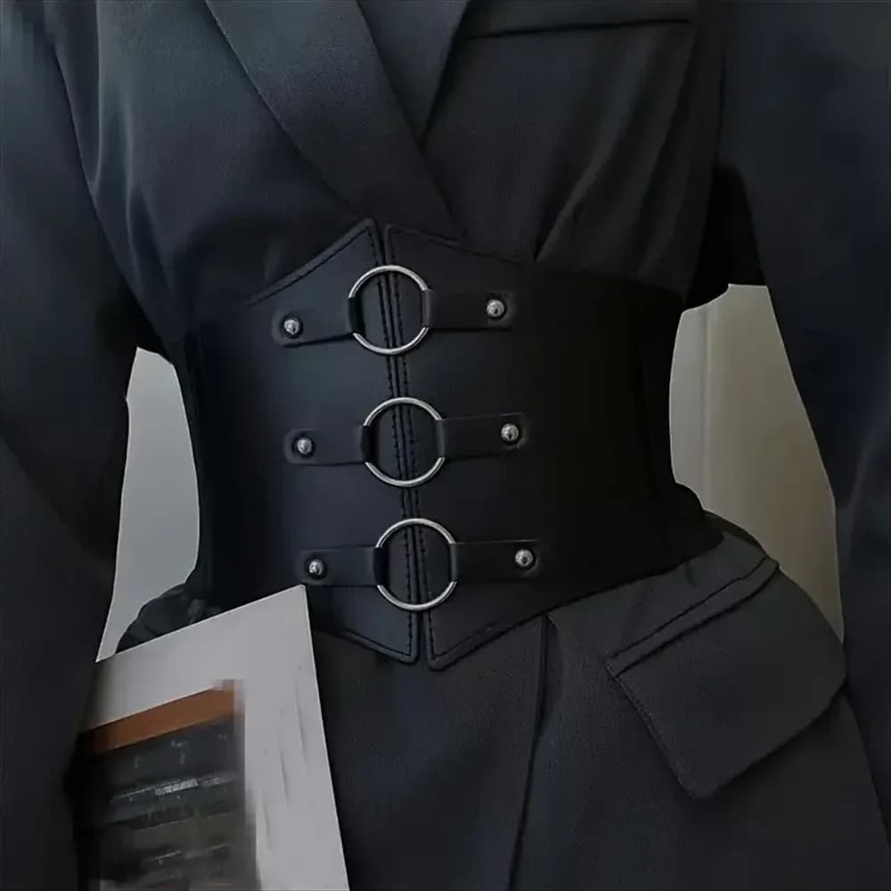 1pcs Fashionable Gothic Corset Belt Triple Buckle with Black Rivet Studs Elastic Waspie Waistband for Punk Perfect for Coats