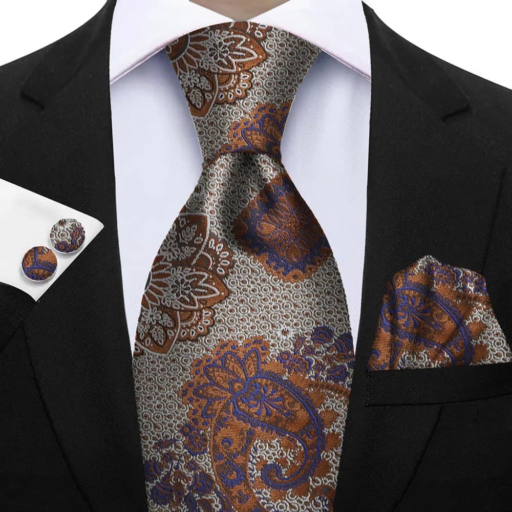 Luxury Paisley Brown Red Blue Grey Wedding Tie For Men Handky Cufflink Gift Men Necktie Fashion Designer Business Party Gift