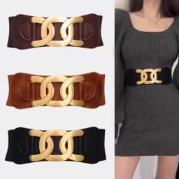 Golden CC Hook Buckle Elegant Belts for Women Retro Elastic Wide Belt Female Ladies Elastic Girdle with Skirt Dress Decorative