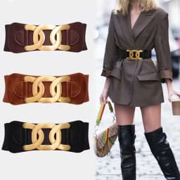 Golden CC Hook Buckle Elegant Belts for Women Retro Elastic Wide Belt Female Ladies Elastic Girdle with Skirt Dress Decorative