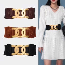 Golden CC Hook Buckle Elegant Belts for Women Retro Elastic Wide Belt Female Ladies Elastic Girdle with Skirt Dress Decorative