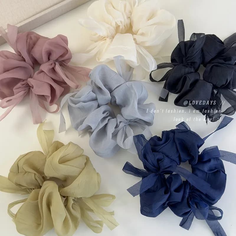 New Sweet Bowknot Sheer Organza Hair Scrunchies Korean Style Solid Color Stretchy Hair Ropes Ladies Elastic Head Bands For Daily
