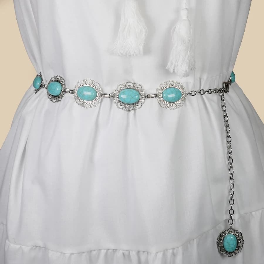 Bohemian Vintage Women's Belt - Carved Turquoise Waist Chain for Dresses, Holiday & Date Night Accessories