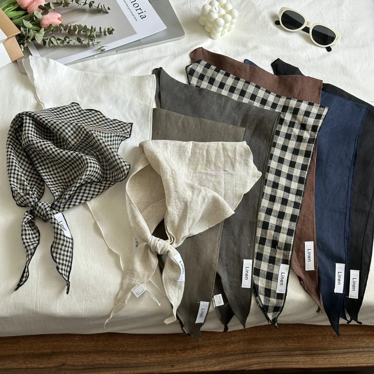 New Silk Scarf Solid 100% Linen Comfortable Breathable Mori Style Thin Neck Protection Scarf Spring and Autumn Triangular Binder