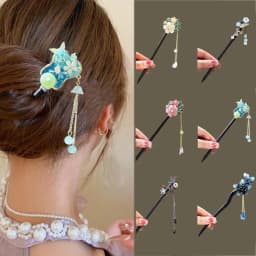 Chinese Style Flower Hair Sticks Vintage Handmade Hanfu Hair Bun Tassel Wooden Hair Forks Retro Hair Clips for Pan Headdress