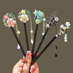 Chinese Style Flower Hair Sticks Vintage Handmade Hanfu Hair Bun Tassel Wooden Hair Forks Retro Hair Clips for Pan Headdress