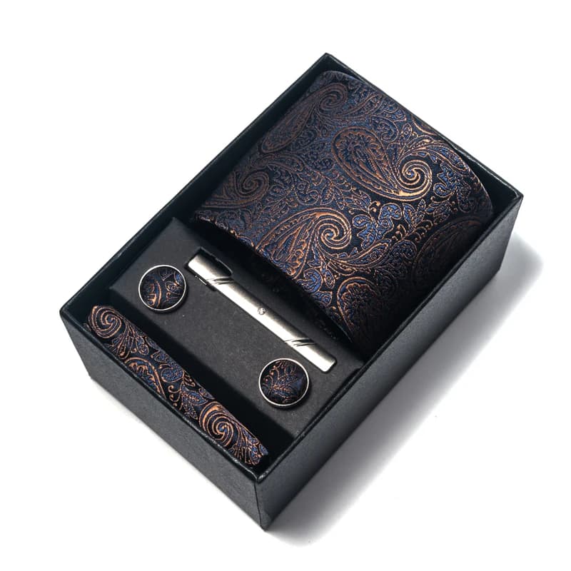 Holiday Gift Box 8 cm Tie Handkerchief Cufflink Clip Set For Men Brown Paisley Wedding Gravata Suit Accessories Fit Party
