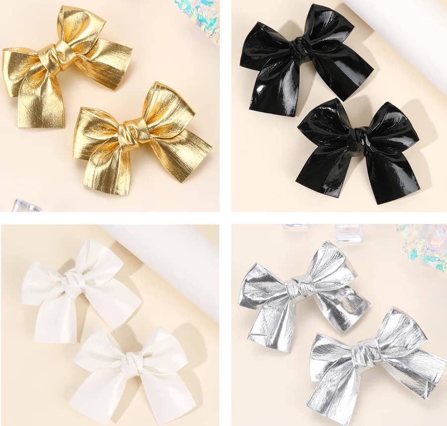 2Pcs Sparkling Bow Hair Clips PU Barrettes For Girl Kids Butterfly Leather Vintage Gold Silver Handmade Headwear Accessories