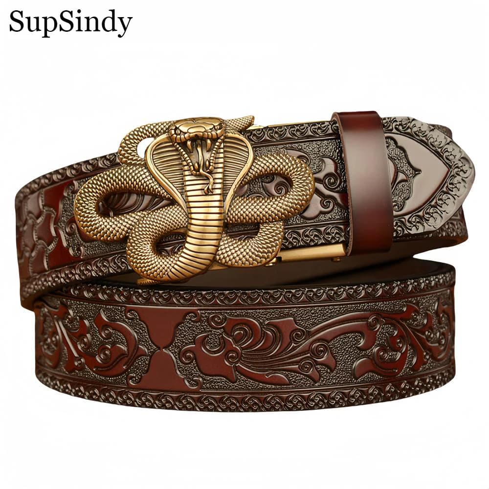 SupSindy New Men Genuine Leather Belt Luxury Snake Metal Automatic Buckle Cowhide Belts for Men Jeans Waistband Male Strap Black