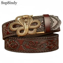 SupSindy New Men Genuine Leather Belt Luxury Snake Metal Automatic Buckle Cowhide Belts for Men Jeans Waistband Male Strap Black
