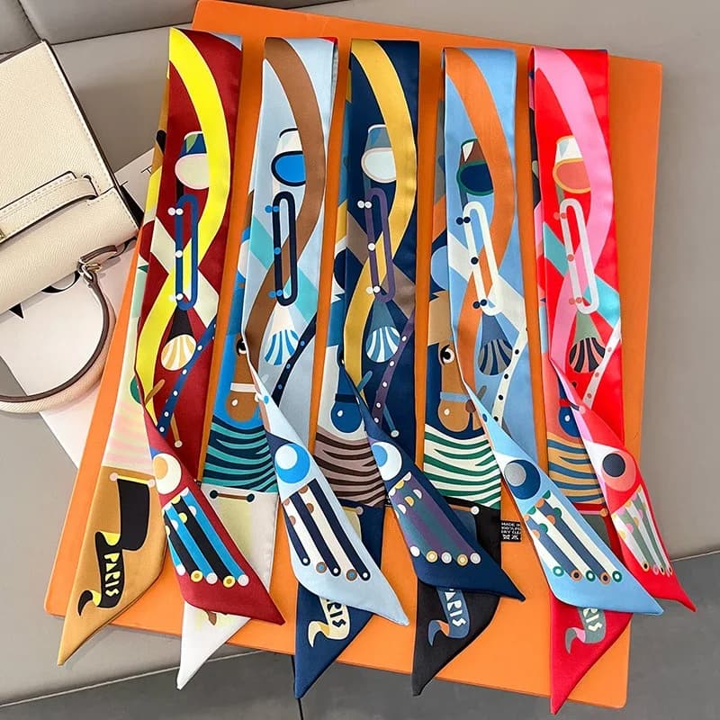 Luxury Brand Silk Skinny Scarf Bag Handle Ribbon Ladies Horse Print Headband Small Hair Scarves Band Female