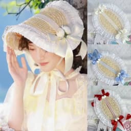 New French Rural Style Lolita Straw Hat Ribbon Bow with Strap Ribbon Flower Beach Hat Hair Accessories Ruffle Lace Flat Top Hat