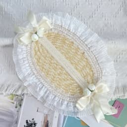 New French Rural Style Lolita Straw Hat Ribbon Bow with Strap Ribbon Flower Beach Hat Hair Accessories Ruffle Lace Flat Top Hat