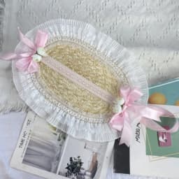 New French Rural Style Lolita Straw Hat Ribbon Bow with Strap Ribbon Flower Beach Hat Hair Accessories Ruffle Lace Flat Top Hat
