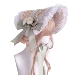 New French Rural Style Lolita Straw Hat Ribbon Bow with Strap Ribbon Flower Beach Hat Hair Accessories Ruffle Lace Flat Top Hat