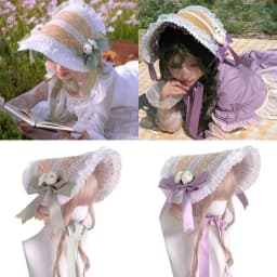New French Rural Style Lolita Straw Hat Ribbon Bow with Strap Ribbon Flower Beach Hat Hair Accessories Ruffle Lace Flat Top Hat