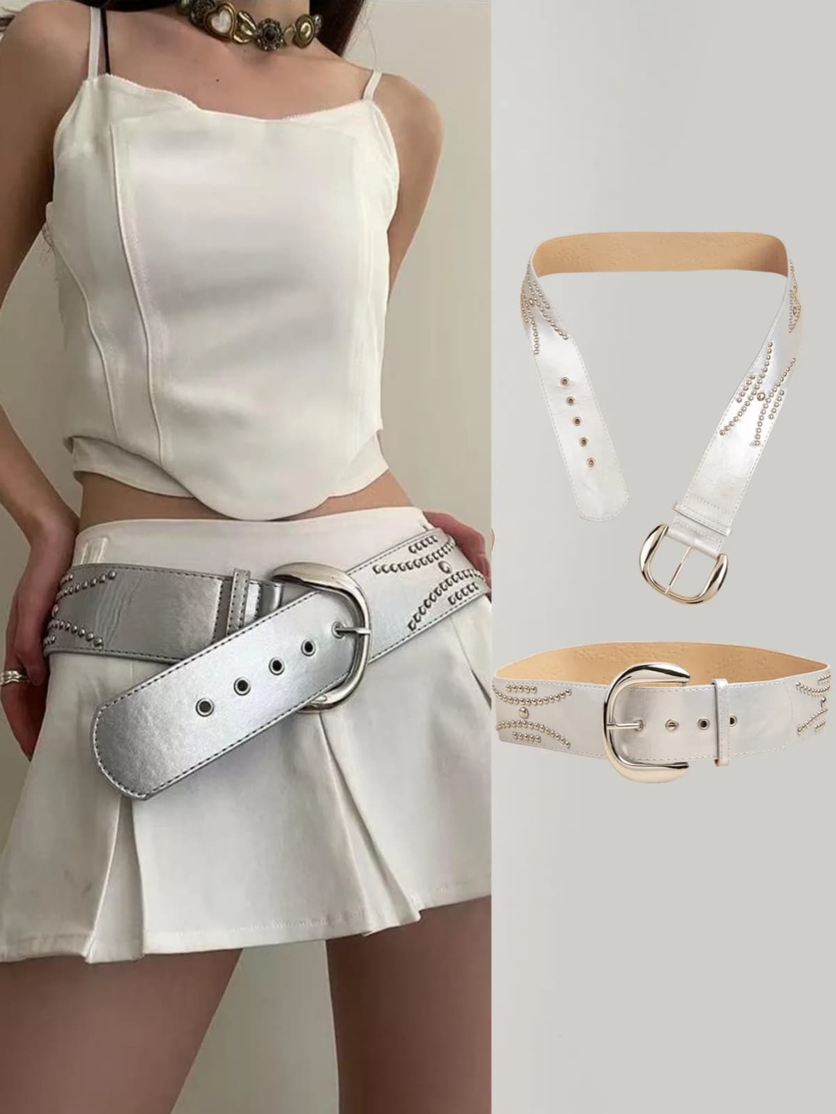 1pc women's silver punk light luxury casual rivet wide belt jeans skirt versatile decorative belt suitable for daily travel