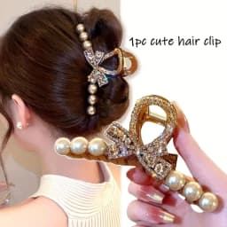 Elegant rhinestone and imitation pearl bow hair clip - Women's fashionable resin hair accessory, suitable for casual wear