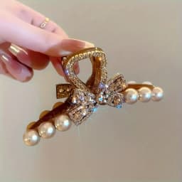Elegant rhinestone and imitation pearl bow hair clip - Women's fashionable resin hair accessory, suitable for casual wear
