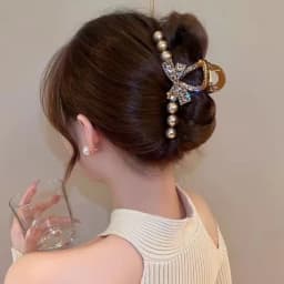 Elegant rhinestone and imitation pearl bow hair clip - Women's fashionable resin hair accessory, suitable for casual wear