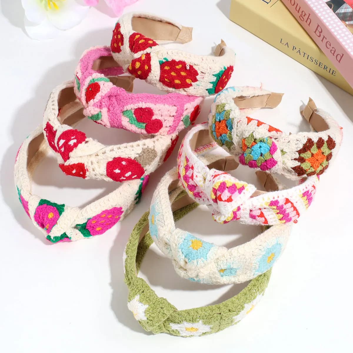 Bohemian Sweet Knitted Flowers With Wide-Brimmed Knotted Headbands, Cute Strawberry Temperament Headbands Pressed Hair