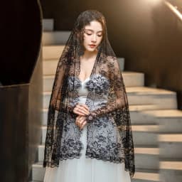 Elegant Lace Women Shawl Black Long Wedding Veils Flower Bride Head Covering Mantilla