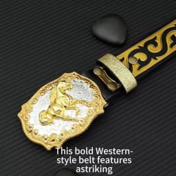 1 piece of street style trendy men's belt, horse shaped buckle, youth belt, retro printed gold flower personalized versatile jea