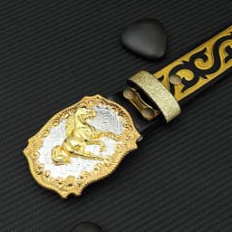 1 piece of street style trendy men's belt, horse shaped buckle, youth belt, retro printed gold flower personalized versatile jea