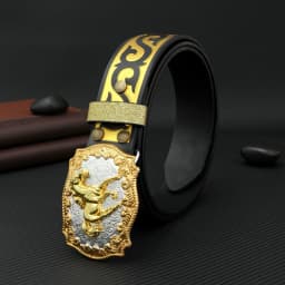 1 piece of street style trendy men's belt, horse shaped buckle, youth belt, retro printed gold flower personalized versatile jea