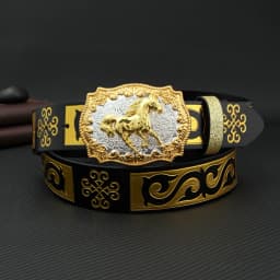 1 piece of street style trendy men's belt, horse shaped buckle, youth belt, retro printed gold flower personalized versatile jea