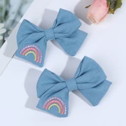 2Pcs Sky Blue Hairpins With Embroidered Rainbow Bow Handmade Pinches Girl Hair Clips Children School Party Accessories Headwear
