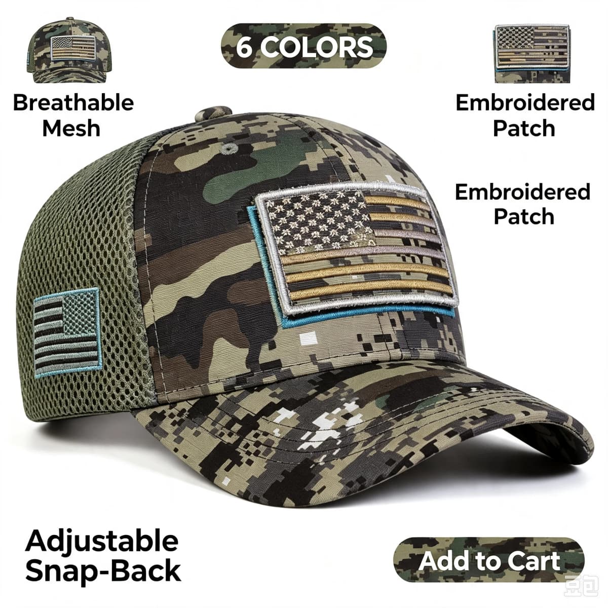 Men’s Tactical Mesh Trucker Hat, Camouflage Outdoor Baseball Cap with Removable Embroidered Patch, Adjustable Snap‑Back Sun Hat