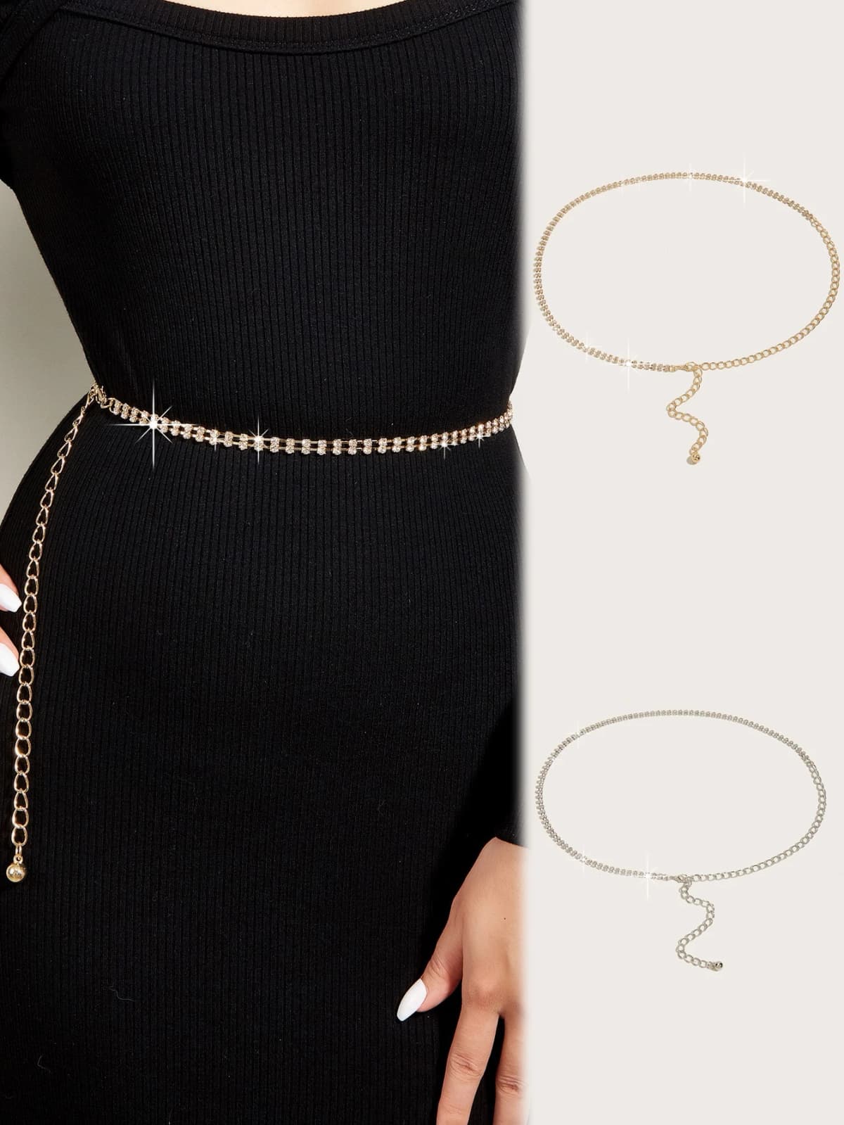 1Pcs Ladies' solid color 2 drainage diamond decorative waist chain Bling Bling Sparkling rhinestone decoration Daily outfit
