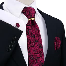 Necktie Ring For Men Luxury Tie Handkerchief Cufflinks With Gold Metal Ring Suit Paisley Red Tie For Wedding 8cm Man Accessories