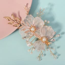 White Flower Hairpins Side Clips Gold Color Alloy Leaf Hairclips Pearls Headpieces Bride Wedding Party Hair Jewelry Accessories