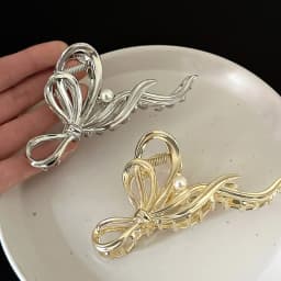 Bridal Hair Claw Clip Pearl Bow Ornament Wedding Party Accessory Elegant Metal Large Jaw Clip for Women's Bun Styling