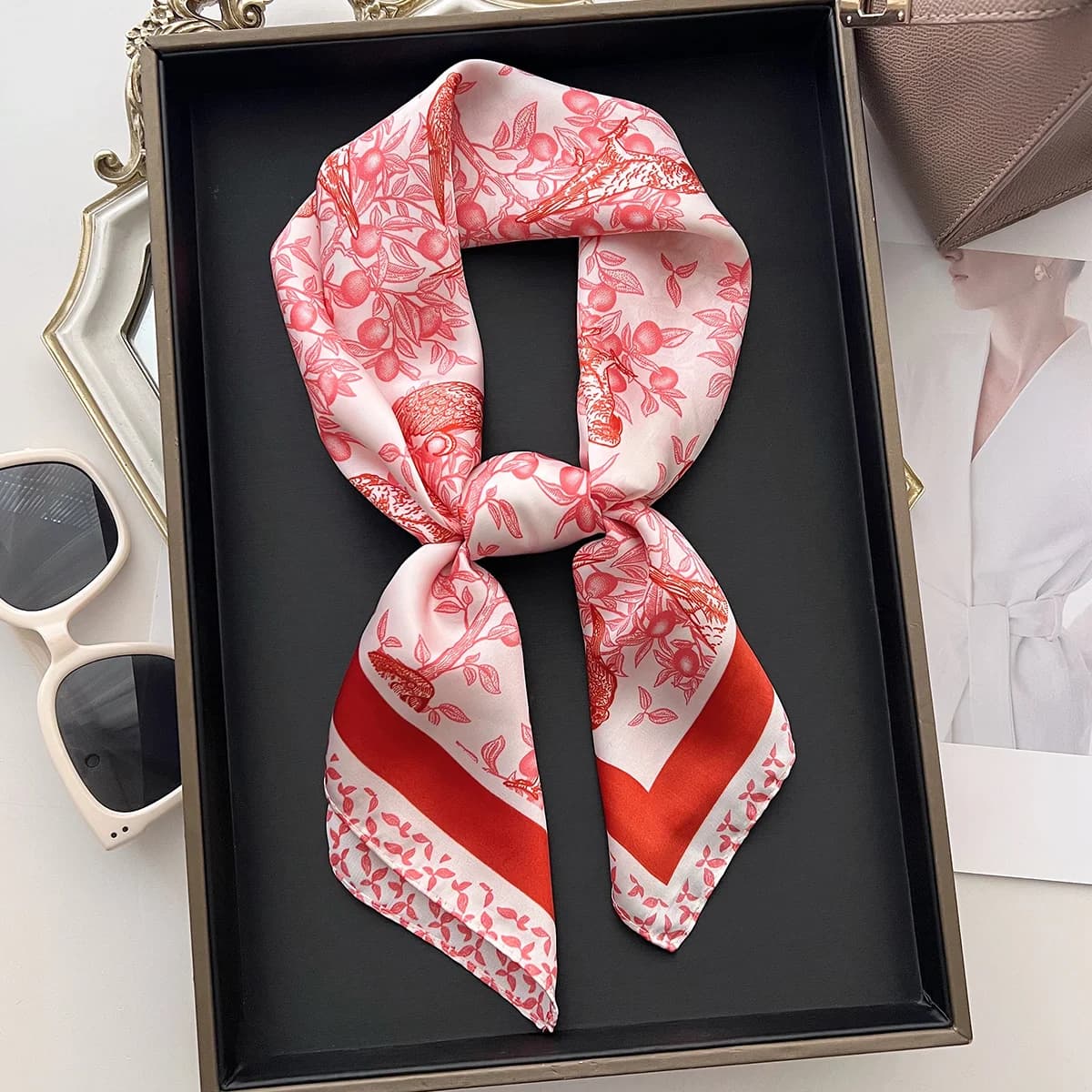 Imitation Silk Red Print Square Scarf For Women, Bandana Spring/Summer Luxury Scarf,Hair Head Band For Dressing Up Your Look